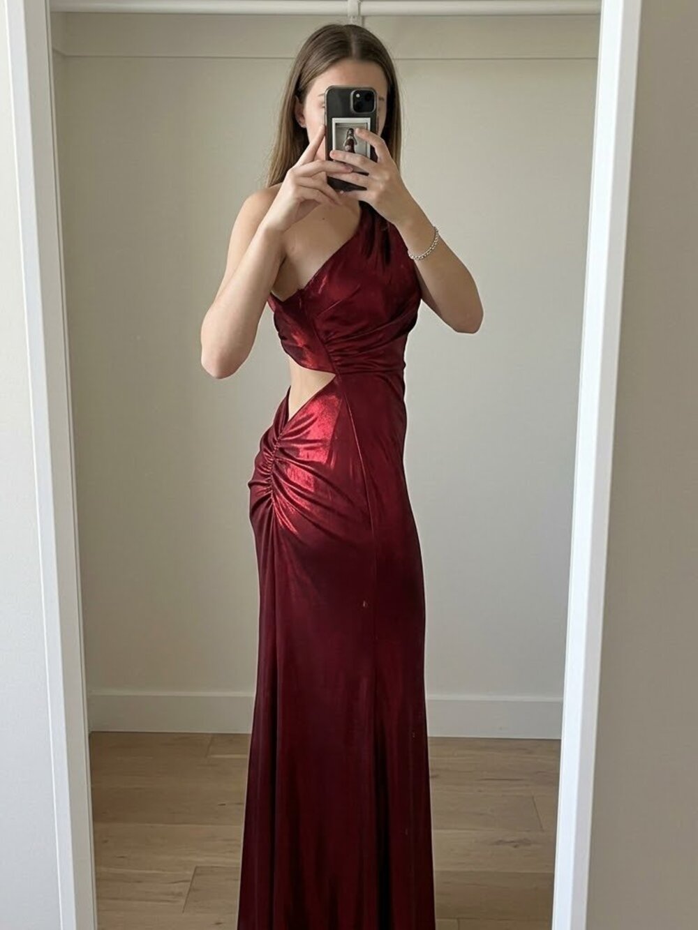 Red Satin One Shoulder Open Back Prom Formal Dress